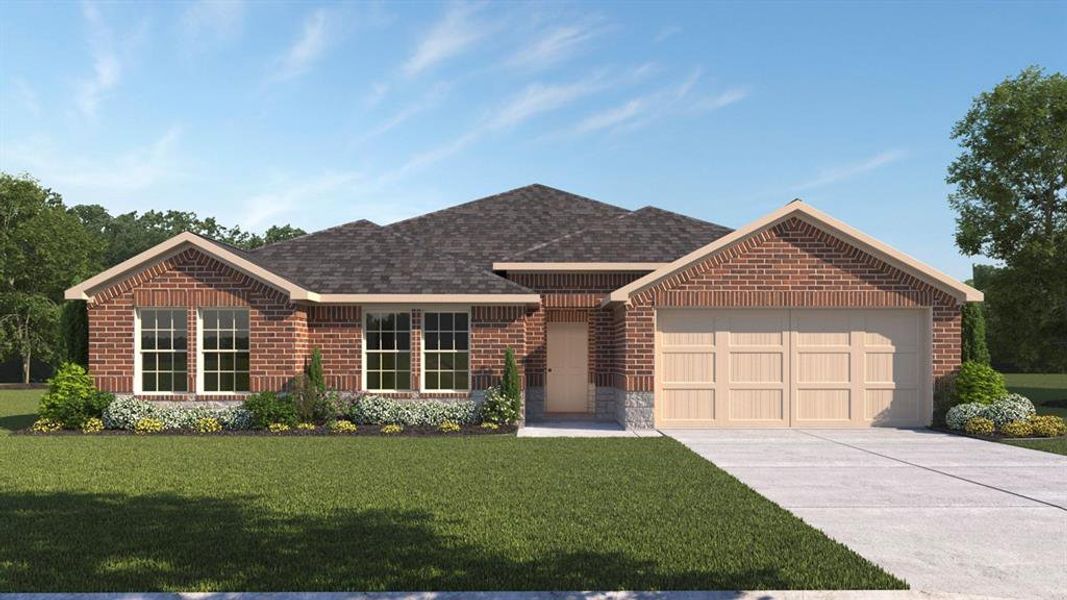 Ranch-style house featuring an attached garage, a shingled roof, a front yard, and brick siding