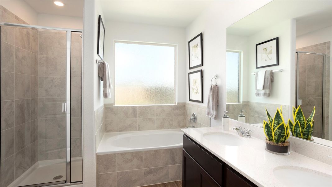 Bathroom featuring vanity, a healthy amount of sunlight, and shower with separate bathtub