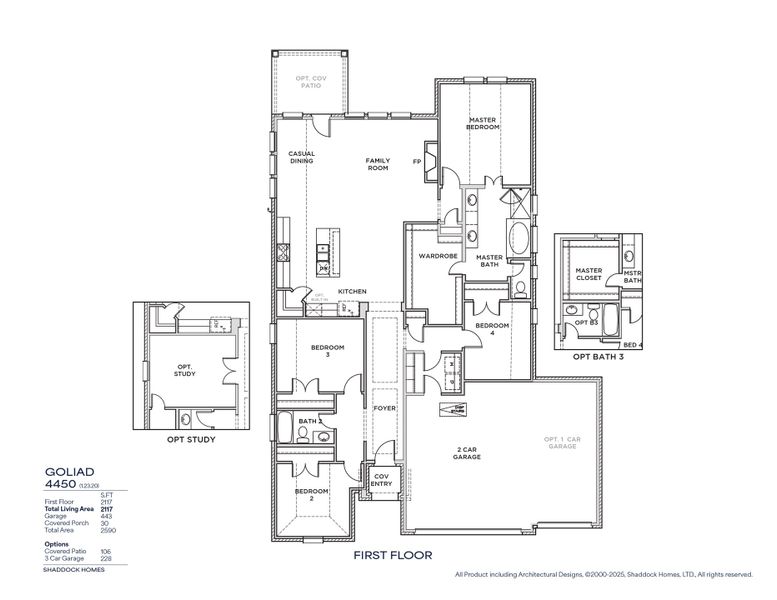 2D floor plan layout for the Goliad - SH 4450 by Shaddock Homes in Tavolo Park, Fort Worth, TX (Image 3).
