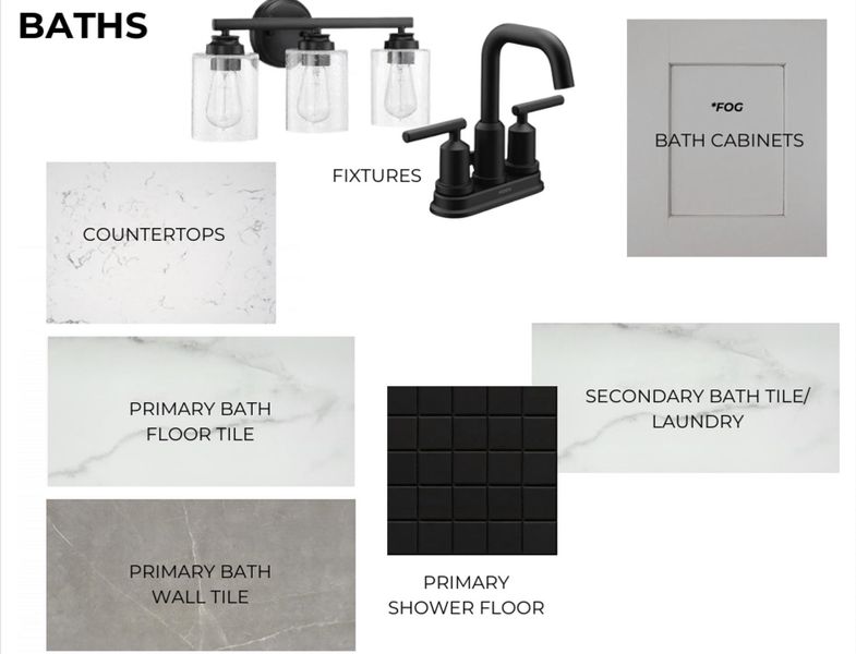 Material Selection Board. Displaying proposed finishes and fixtures for the property's baths