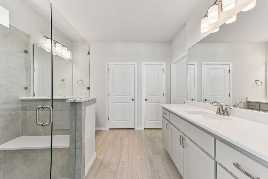 Bathroom featuring vanity, a stall shower, and light wood-style flooring Bathroom featuring vanity, a stall shower, and light wood-style flooring