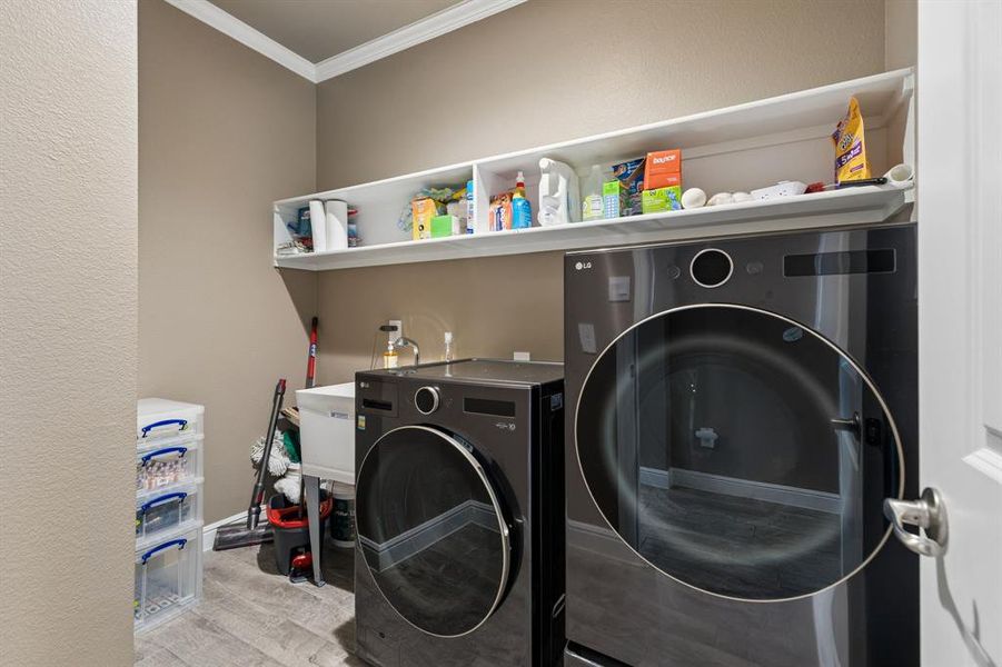 Laundry room featuring wood-finish flooring, a utility sink, and wall-mounted shelving