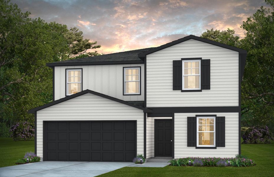 Front exterior of a new home in Larson Crossing, Elgin, TX, highlighting curb appeal (Image 1). Front exterior of a new home in Larson Crossing, Elgin, TX, highlighting curb appeal (Image 1).