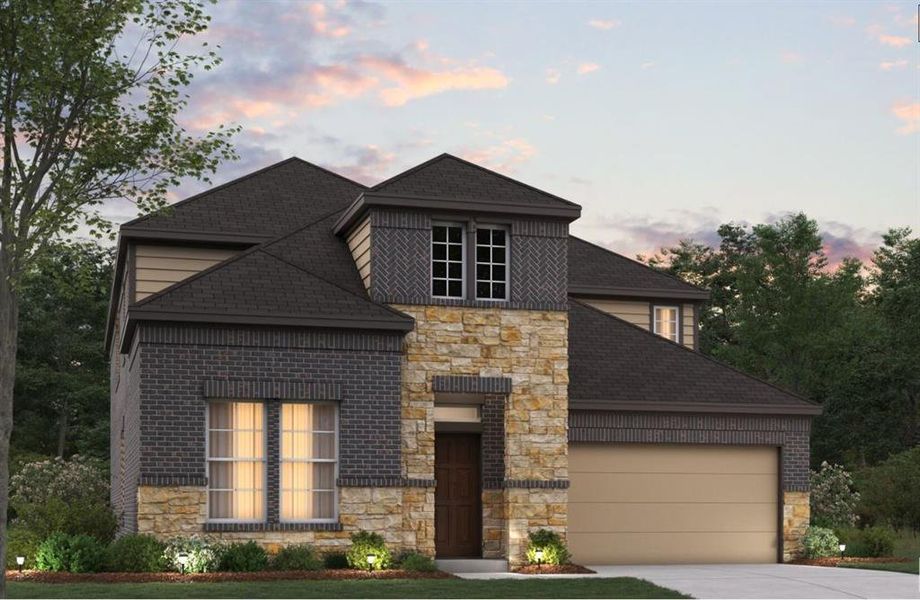 Front exterior of a new home in Aster Park, McKinney, TX, highlighting curb appeal (Image 1).