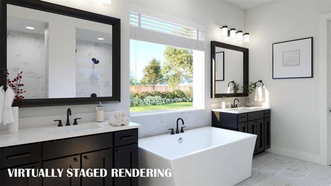 No shortage of space or style in this over the top owner's bath!  VIRTUALLY STAGED RENDERING