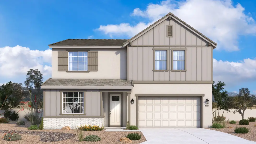 Farmhouse-style Powell home exterior with clean lines, warm, welcoming details and timeless character by DRB Homes in Arizona Farmhouse-style Powell home exterior with clean lines, warm, welcoming details and timeless character by DRB Homes in Arizona