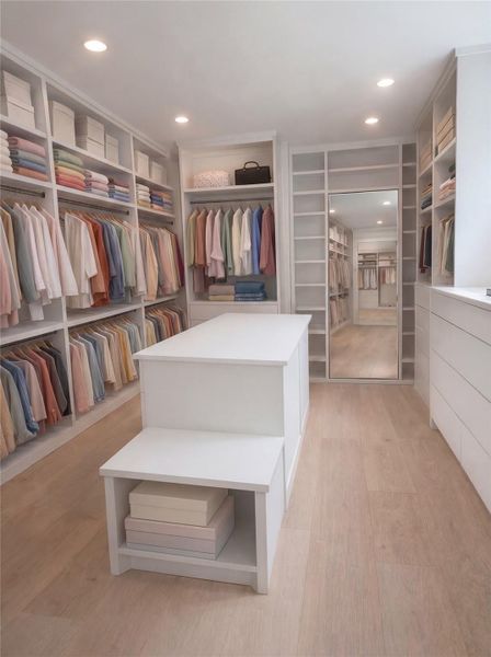 Primary Closet- Custom wall-to-wall cabinetry, double-hang sections, open cubbies, full length dressing mirror, large island with drawers, engineered white oak floors — a true dressing room. (Rendering)