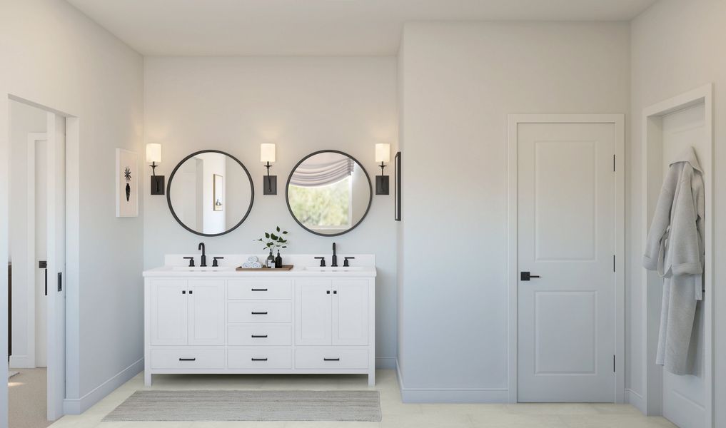 Primary bath with freestanding vanity and matte black fixtures