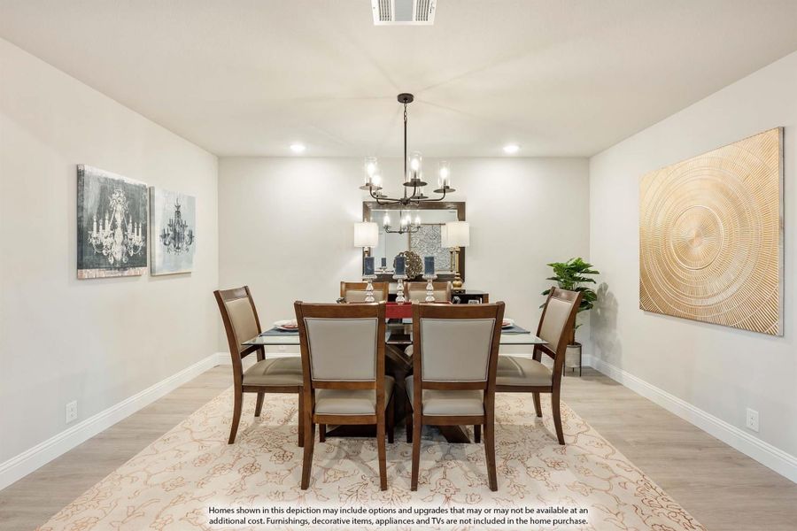 Dining room with glass-top table, six chairs, chandelier, and light hardwood floors Dining room with glass-top table, six chairs, chandelier, and light hardwood floors