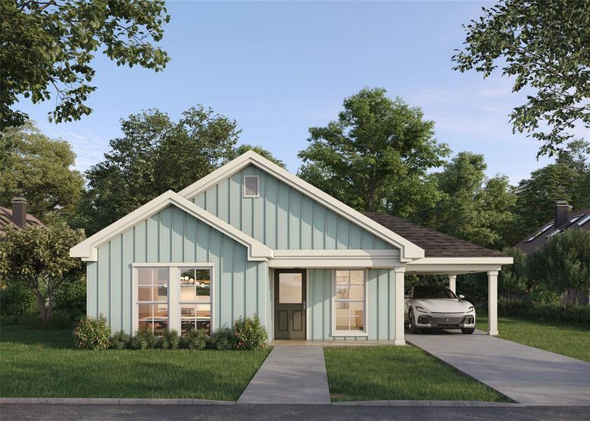 View of front of house with a carport and a front lawn