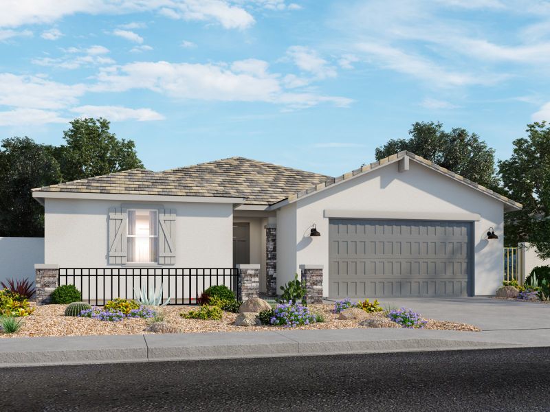 Representative exterior photo of a completed home built from the Bailey by Meritage Homes in Mountain View Estates Signature Series, Buckeye, AZ (Image 2). Representative exterior photo of a completed home built from the Bailey by Meritage Homes in Mountain View Estates Signature Series, Buckeye, AZ (Image 2).