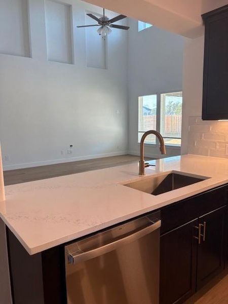 Kitchen with dishwasher, ceiling fan, backsplash, light countertops, and a sink