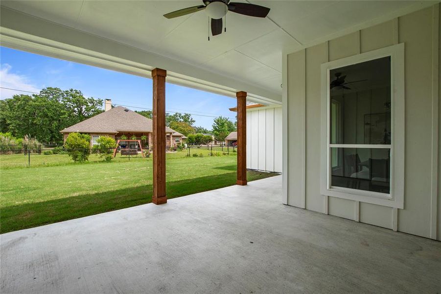 View of patio / terrace featuring a ceiling fan View of patio / terrace featuring a ceiling fan