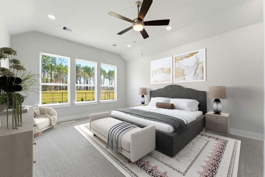 Virtually staged primary bedroom