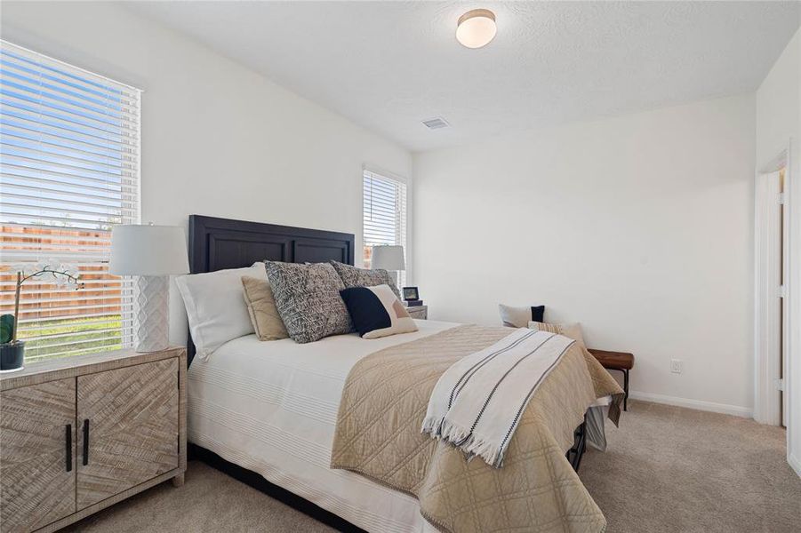 Come and unwind after a long day in this magnificent primary suite! This spacious room features plush carpet, warm paint, high ceilings, and large windows with privacy blinds.