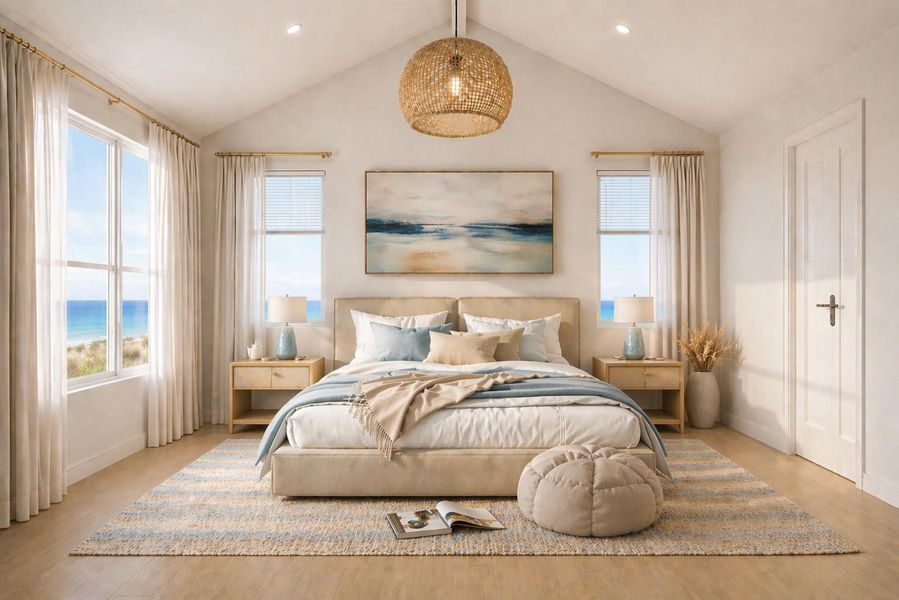 Light-filled primary suite with expansive windows and serene coastal feel. Light-filled primary suite with expansive windows and serene coastal feel.