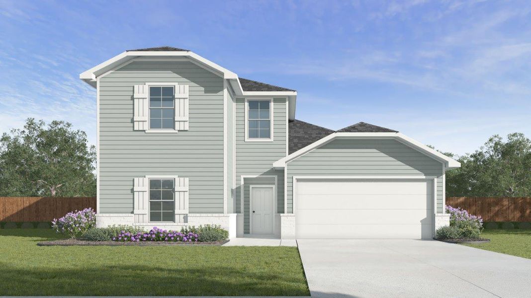 Front exterior of a new home in Liberty Village, Brenham, TX, highlighting curb appeal (Image 1).