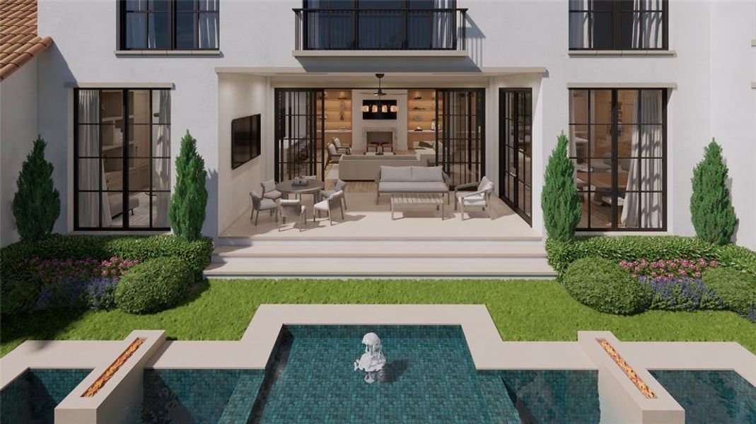 Outdoor pool and spa with water feature and linear fire accents open to landscaped backyard and climate controlled Loggia