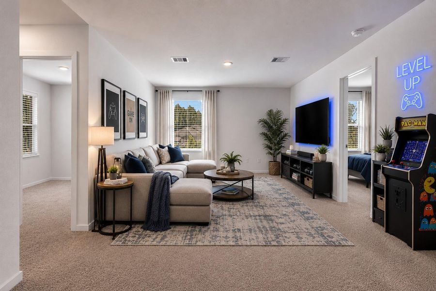 The second living area gives you the flexibility to create a dedicated media room, game room, or additional gathering space. Virtually staged