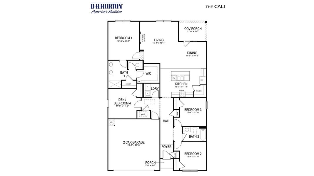 2D floor plan layout for the CALI by D.R. Horton in Morford, Jackson, TN (Image 3).