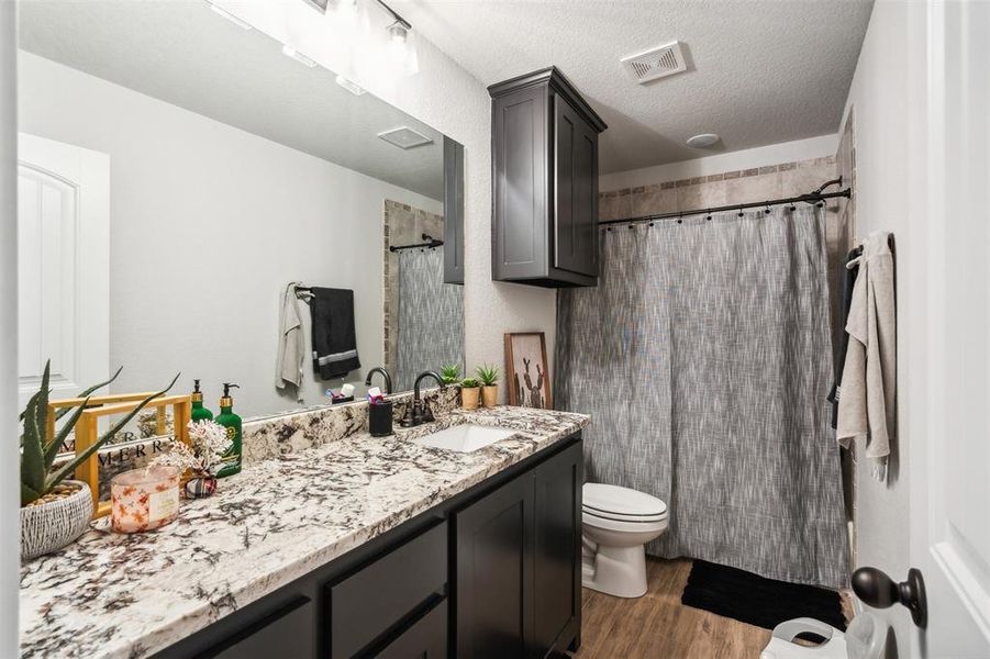 Bathroom with walk in shower, vanity, a textured ceiling, wood-type flooring, and toilet