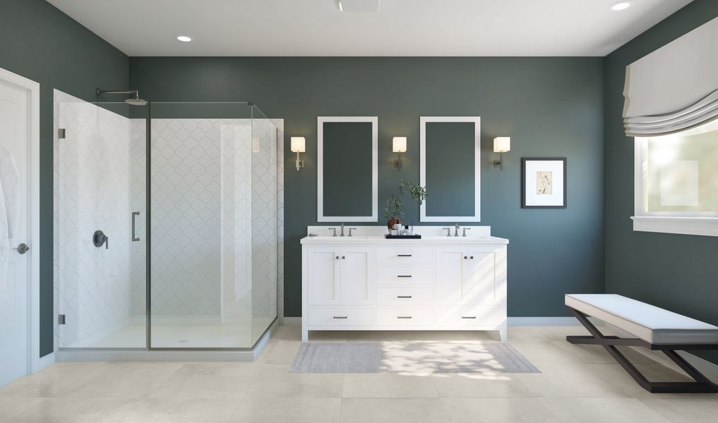 Primary bath with freestanding vanity