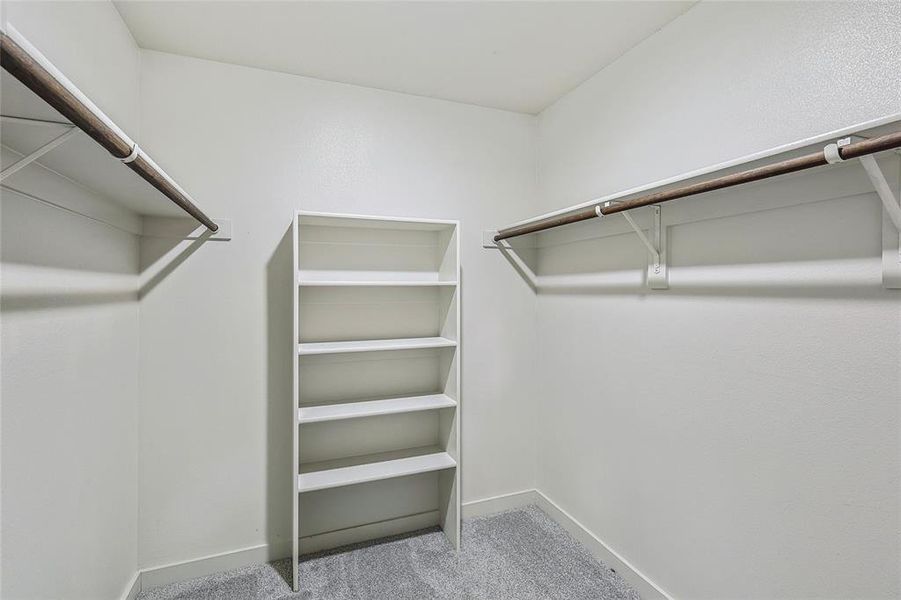 Walk in closet featuring light colored carpet