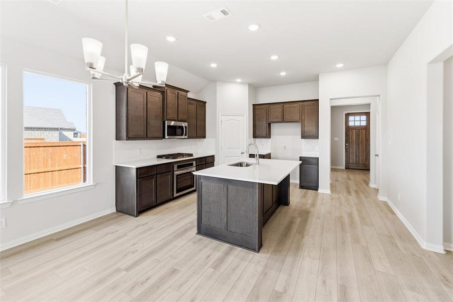 Kitchen featuring stainless steel appliances, pendant lighting, an island with sink, light wood-type flooring, and dark brown cabinetry