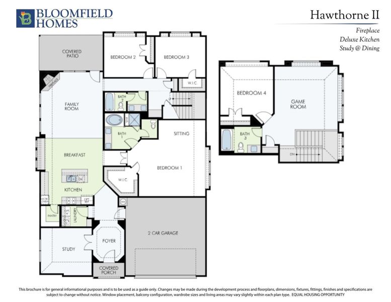 Bloomfield Homes Hawthorne II floor plan with four bedrooms, game room, kitchen, study, and two-car garage. Bloomfield Homes Hawthorne II floor plan with four bedrooms, game room, kitchen, study, and two-car garage.