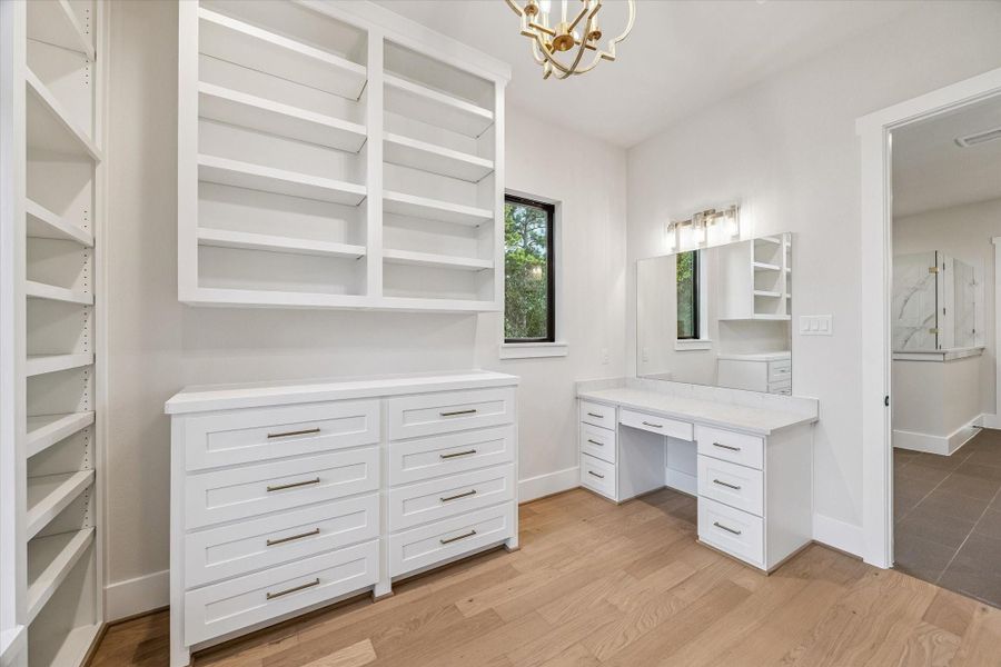 Built in vanity inside 1 of the 2 Primary Closets. Built in vanity inside 1 of the 2 Primary Closets.