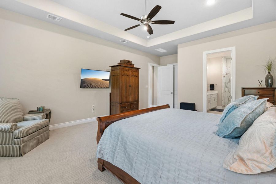 Plush carpet and tray ceilings in the spacious primary bedroom. Plush carpet and tray ceilings in the spacious primary bedroom.