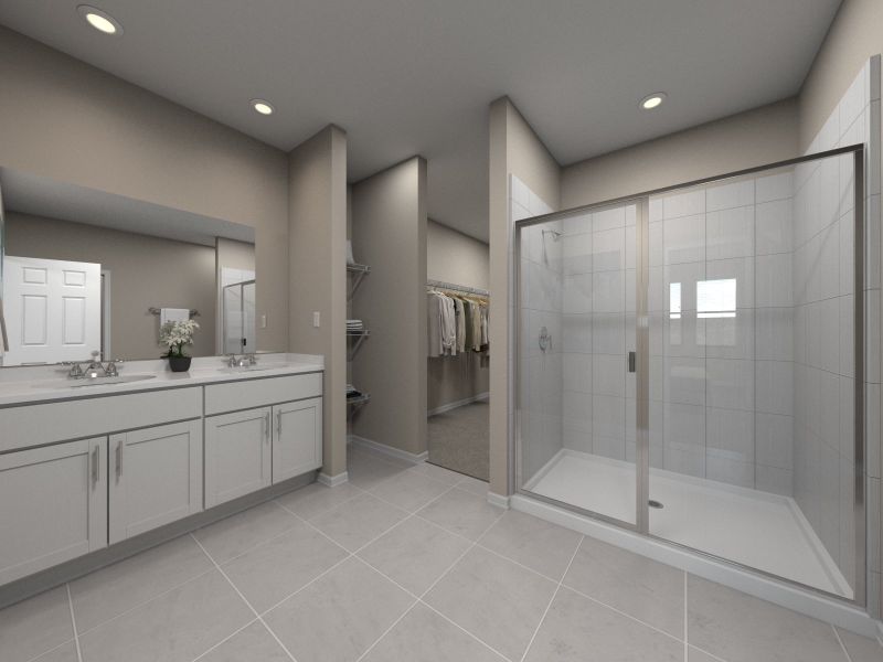 Rendering of the primary bathroom in the Violet floorplan