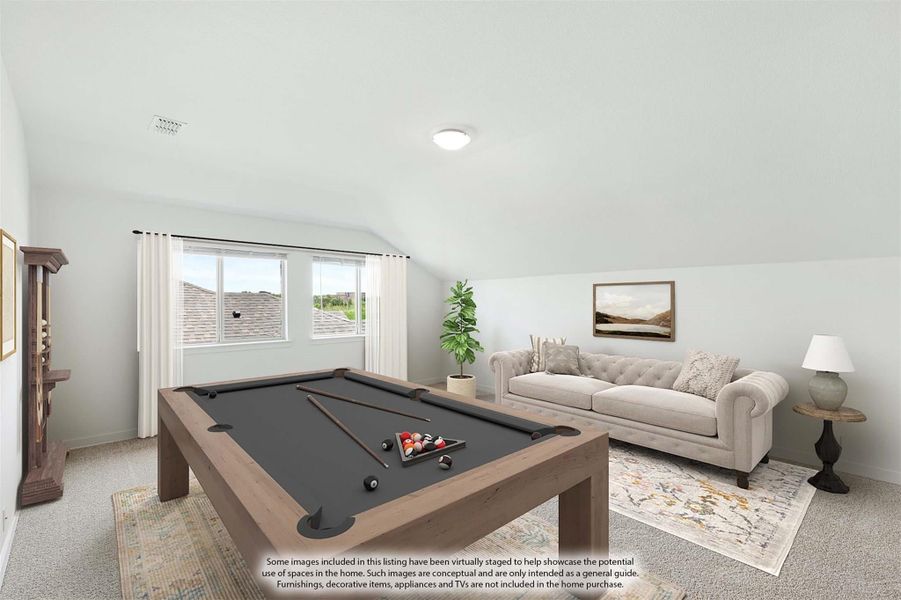 Bonus room with pool table, vaulted ceiling, carpet flooring, and seating area near window