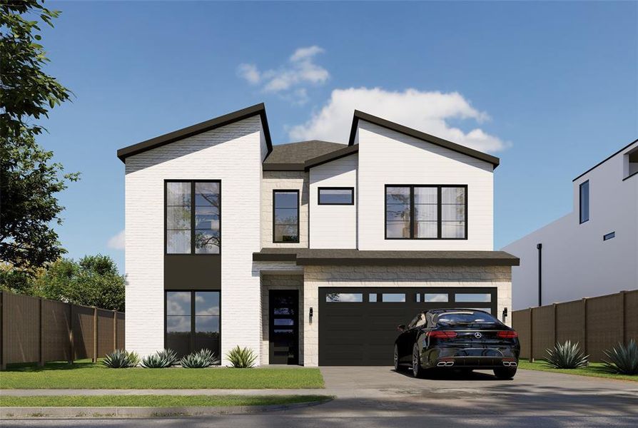 Contemporary two-story residence featuring a striking white brick and stucco exterior, dark-framed windows, and a black garage door Contemporary two-story residence featuring a striking white brick and stucco exterior, dark-framed windows, and a black garage door