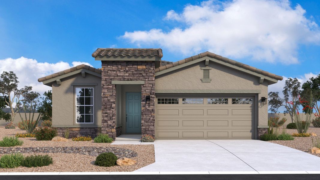 Representative exterior photo of a completed home built from the Camellia by DRB Homes in Saguaro Hills at Vistancia, Peoria, AZ (Image 2). Representative exterior photo of a completed home built from the Camellia by DRB Homes in Saguaro Hills at Vistancia, Peoria, AZ (Image 2).