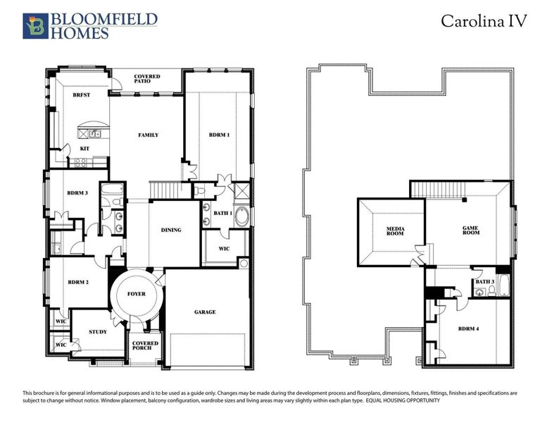 Bloomfield Homes Carolina IV two-story floor plan with four bedrooms, media room, game room, and covered patio. Bloomfield Homes Carolina IV two-story floor plan with four bedrooms, media room, game room, and covered patio.