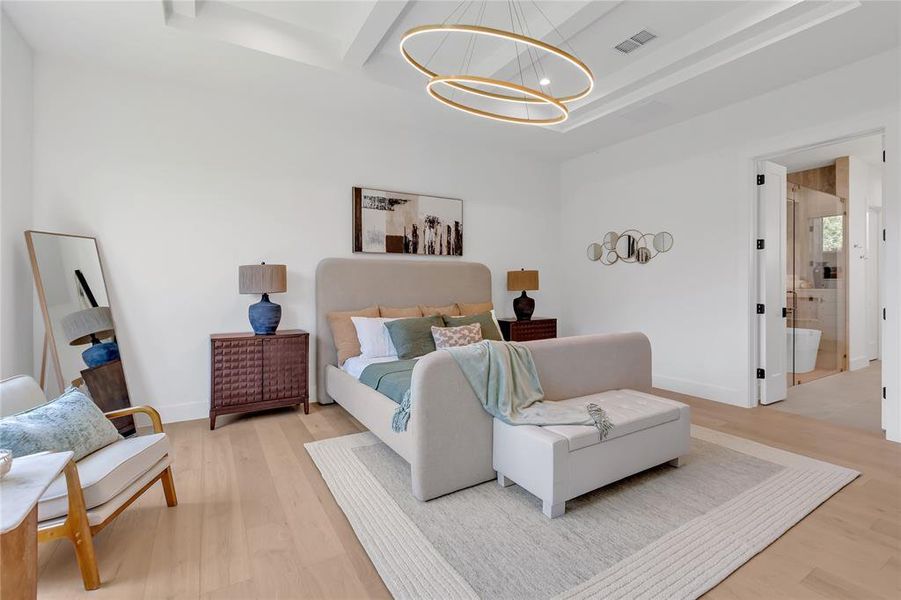 Bedroom with a chandelier, light wood-style flooring, and beamed ceiling Bedroom with a chandelier, light wood-style flooring, and beamed ceiling