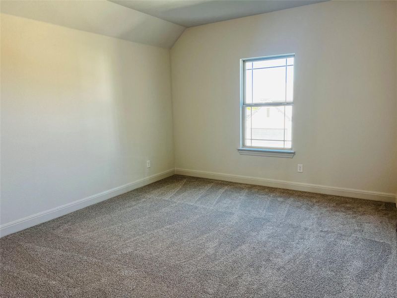 Carpeted empty room featuring baseboards and lofted ceiling