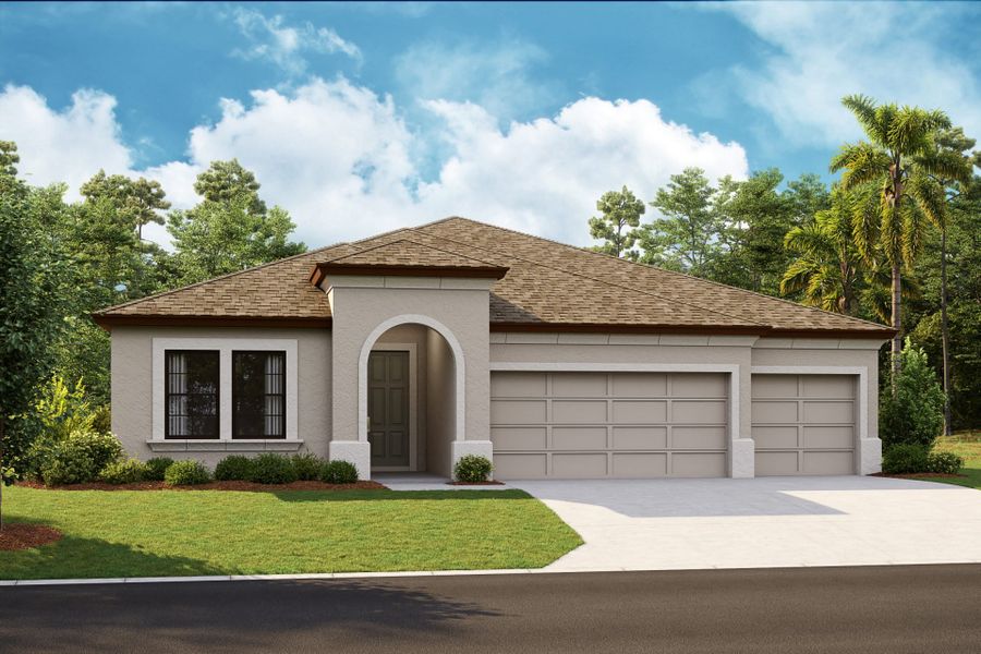 Front exterior of a new home in Caldera, Spring Hill, FL, highlighting curb appeal (Image 1).