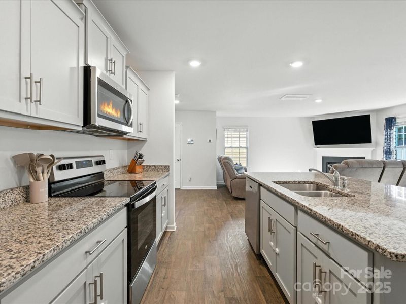 Spacious kitchen flows seamlessly into dining area with large windows overlooking backyard. Granite countertops, white cabinetry, and luxury flooring create an inviting space for daily meals.