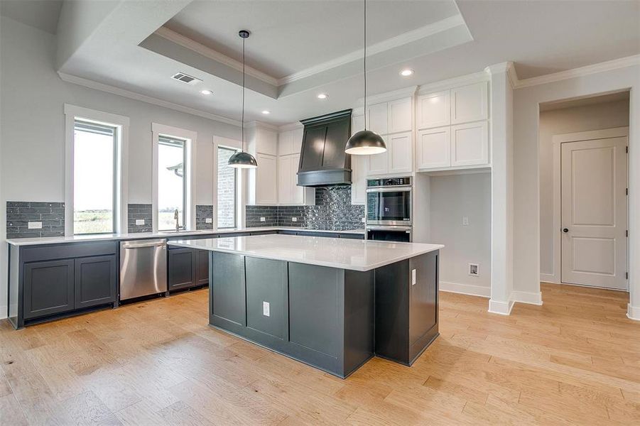 Kitchen featuring light hardwood / wood-style flooring, a center island, decorative light fixtures, a raised ceiling, and white cabinetry