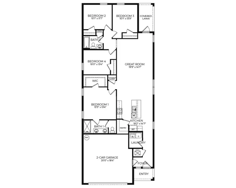 2D floor plan layout for the Harper by D.R. Horton in Curiosity Creek, Palmetto, FL (Image 4).
