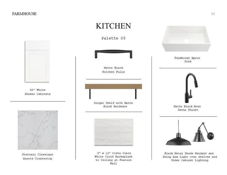 Farmhouse Look Palette 5: Kitchen Selection Sheet (*Artist rendering used for illustration purposes only.) Farmhouse Look Palette 5: Kitchen Selection Sheet (*Artist rendering used for illustration purposes only.)