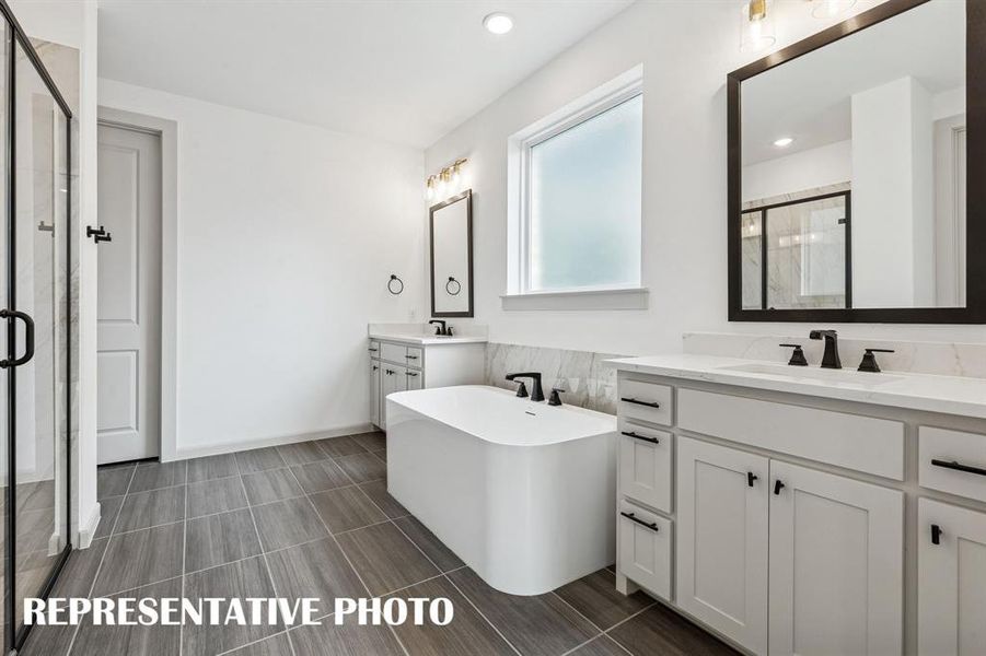 Featuring his & her vanities, gorgeous tub and spacious walk in shower, this owner's bath is a dream come true!  REPRESENTATIVE PHOTO