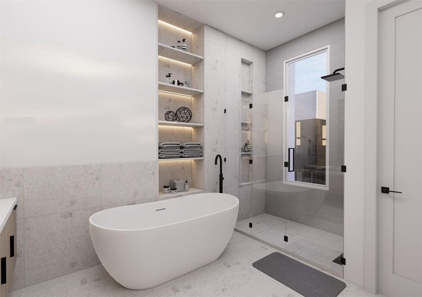 Statement soaking tub with frameless glass shower and built-in floating shelving with ambient lighting.