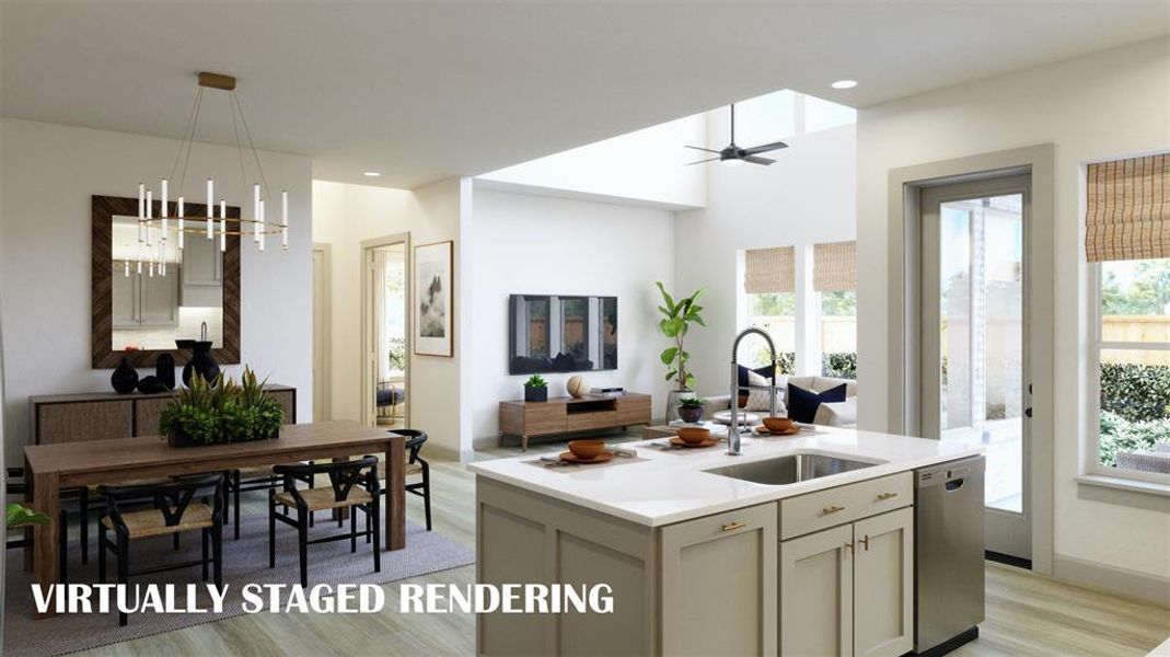 An open concept kitchen-dining-family room area designed for grand parties or fun family gatherings. VIRTUALLY STAGED RENDERING An open concept kitchen-dining-family room area designed for grand parties or fun family gatherings. VIRTUALLY STAGED RENDERING