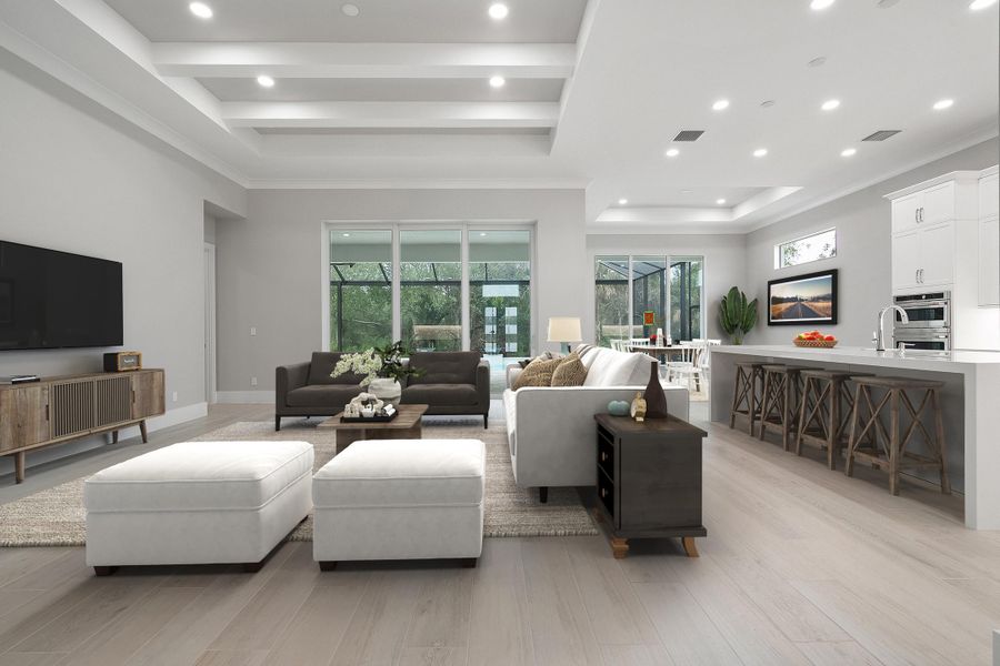 Great Room with view to lanai and kitchen, virtually staged