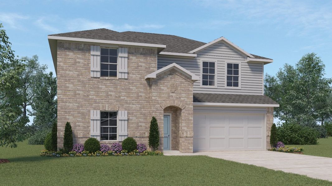 Front exterior of a new home in Rosenbusch Ranch, Leander, TX, highlighting curb appeal (Image 1). Front exterior of a new home in Rosenbusch Ranch, Leander, TX, highlighting curb appeal (Image 1).