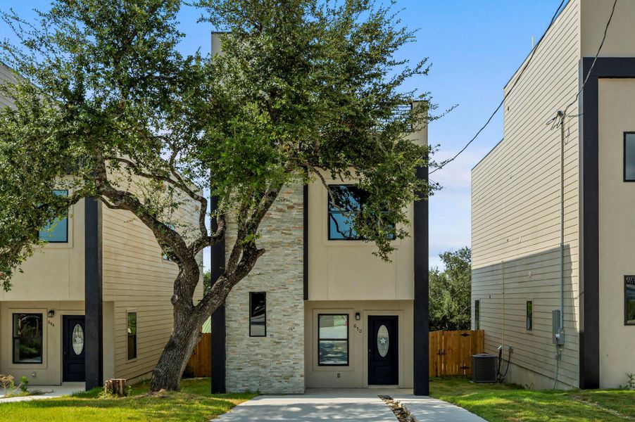 Contemporary home with stone siding