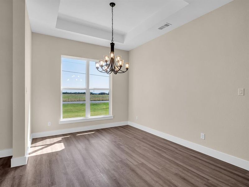 Unfurnished room with an inviting chandelier, dark hardwood / wood-style floors, and a tray ceiling